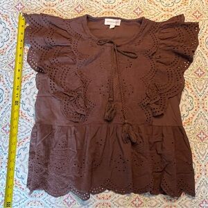 Cute Brown Eyelet Blouse with Ruffle Sleeves